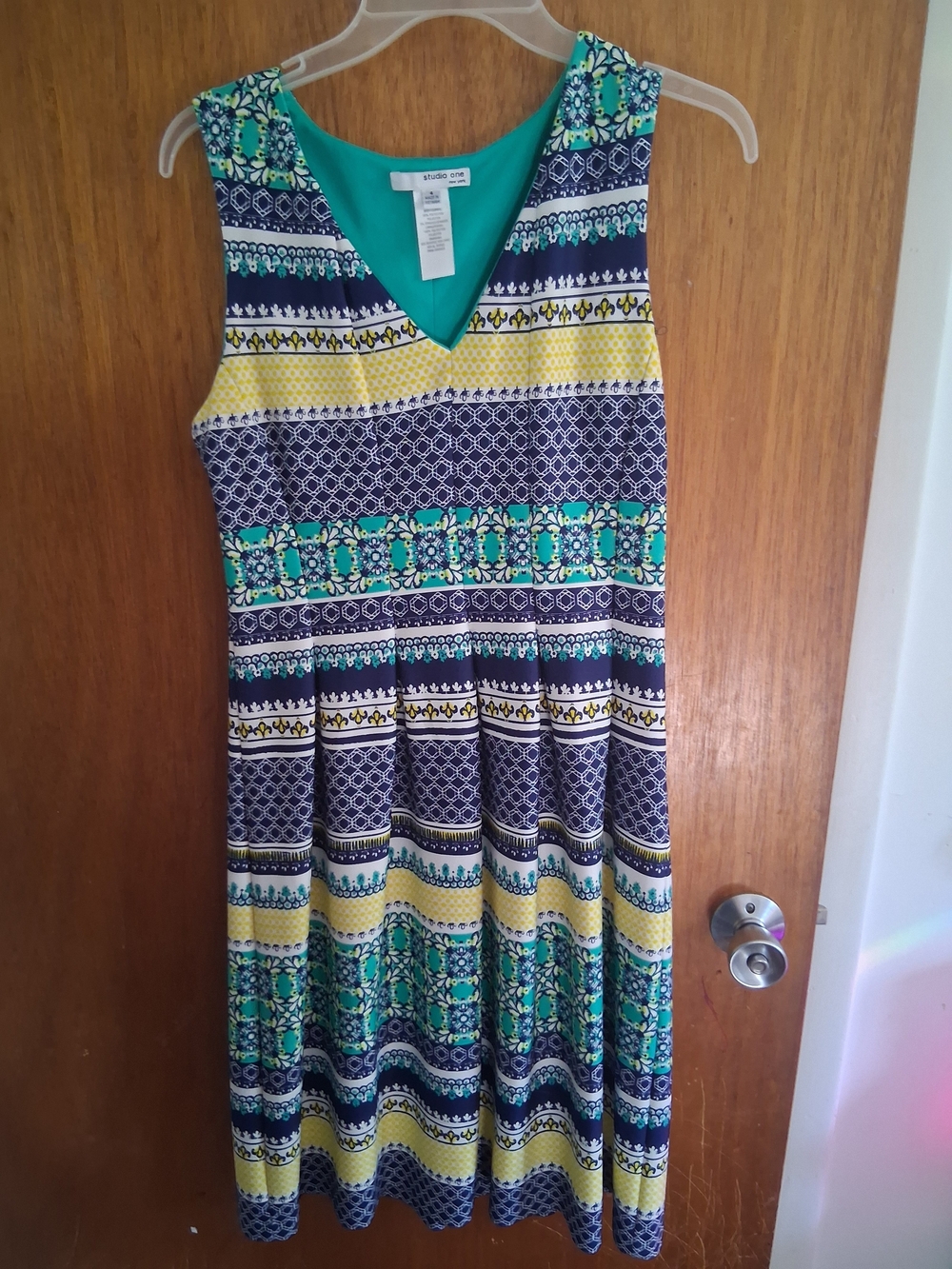 Studio One Sleeveless V-Neck Midi Dress in Teal, Navy & Yellow